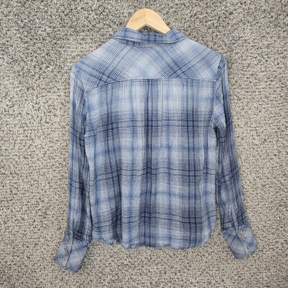 Cloth & Stone Top Womens Small Blue Plaid Button Up Fringe Casual Ladies - Picture 7 of 7
